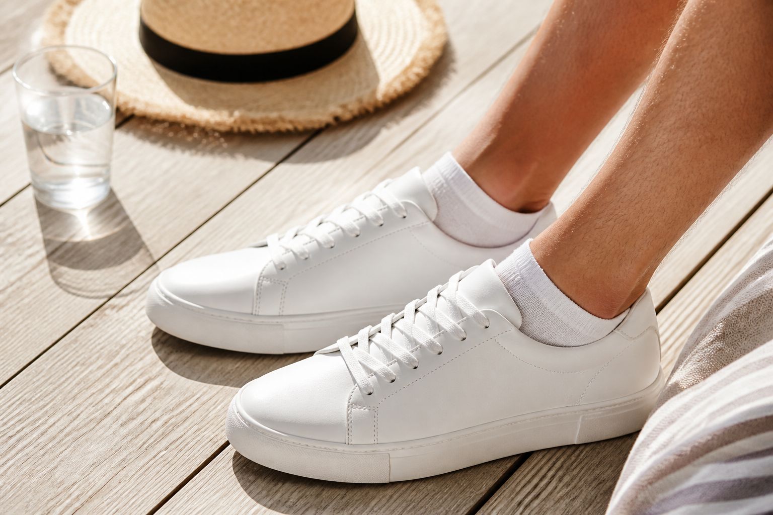 Ankelstrømper i sneakers på en solrig terrasse